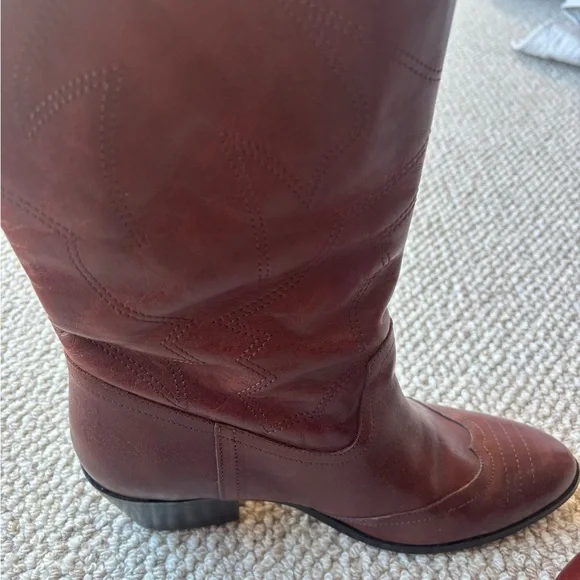 Sezane Mahogany Brown Leather Heeled Western Boots - Picture 2 of 8